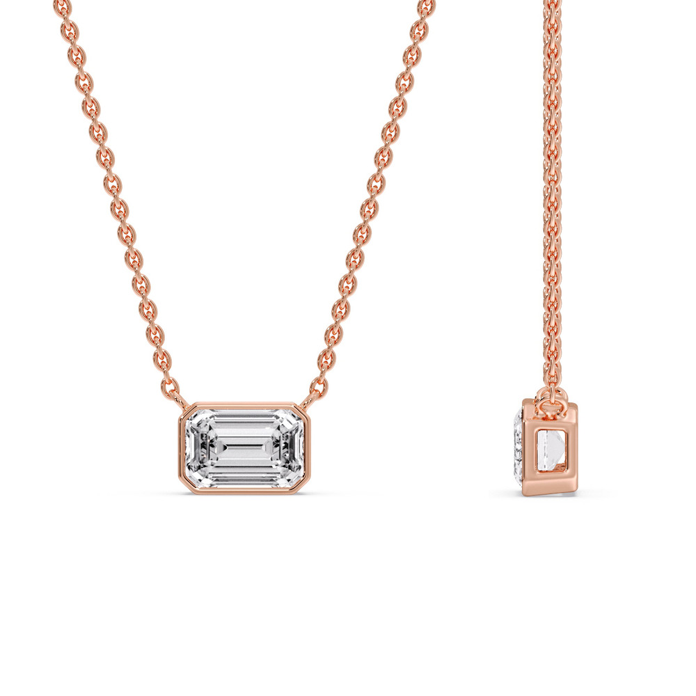 Solitaire Emerald Cut Diamond Pendant with 14K Rose Gold White Diamond