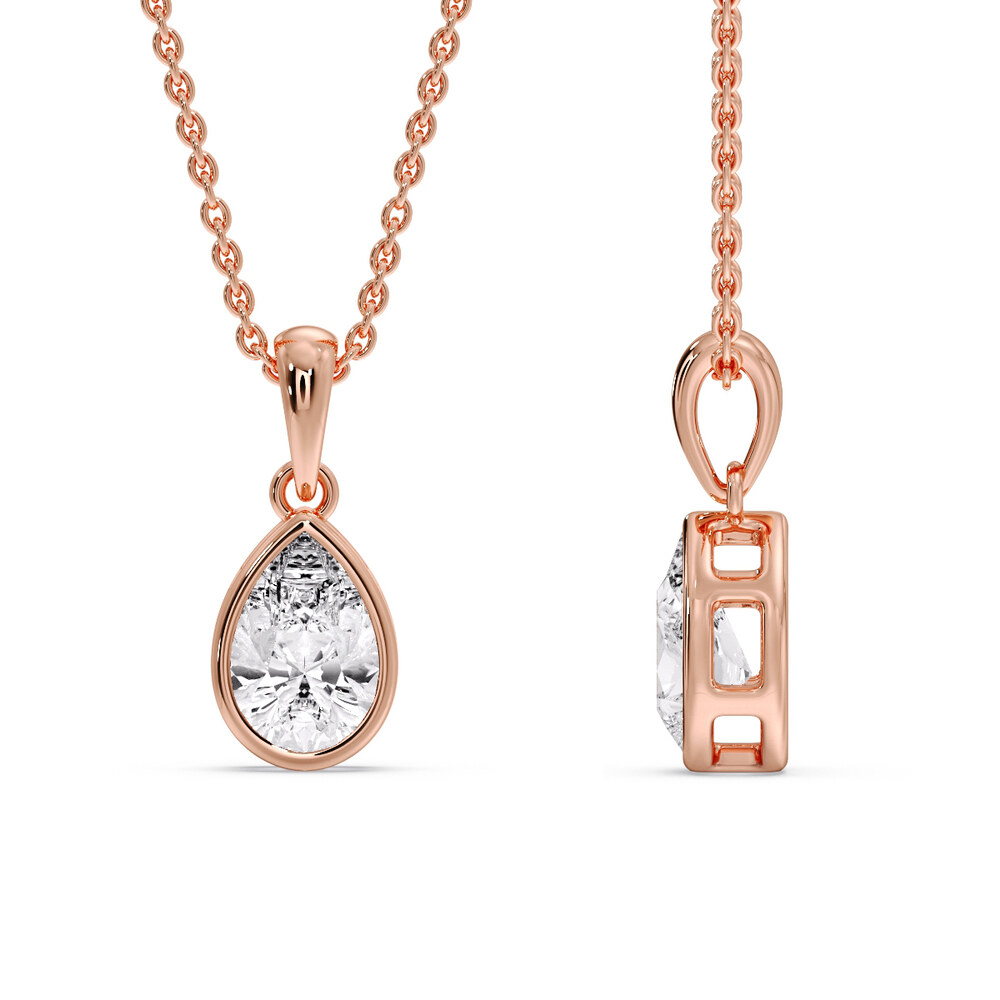 Solitaire Pear Bezel Set Necklace with 14K Rose Gold White Diamond