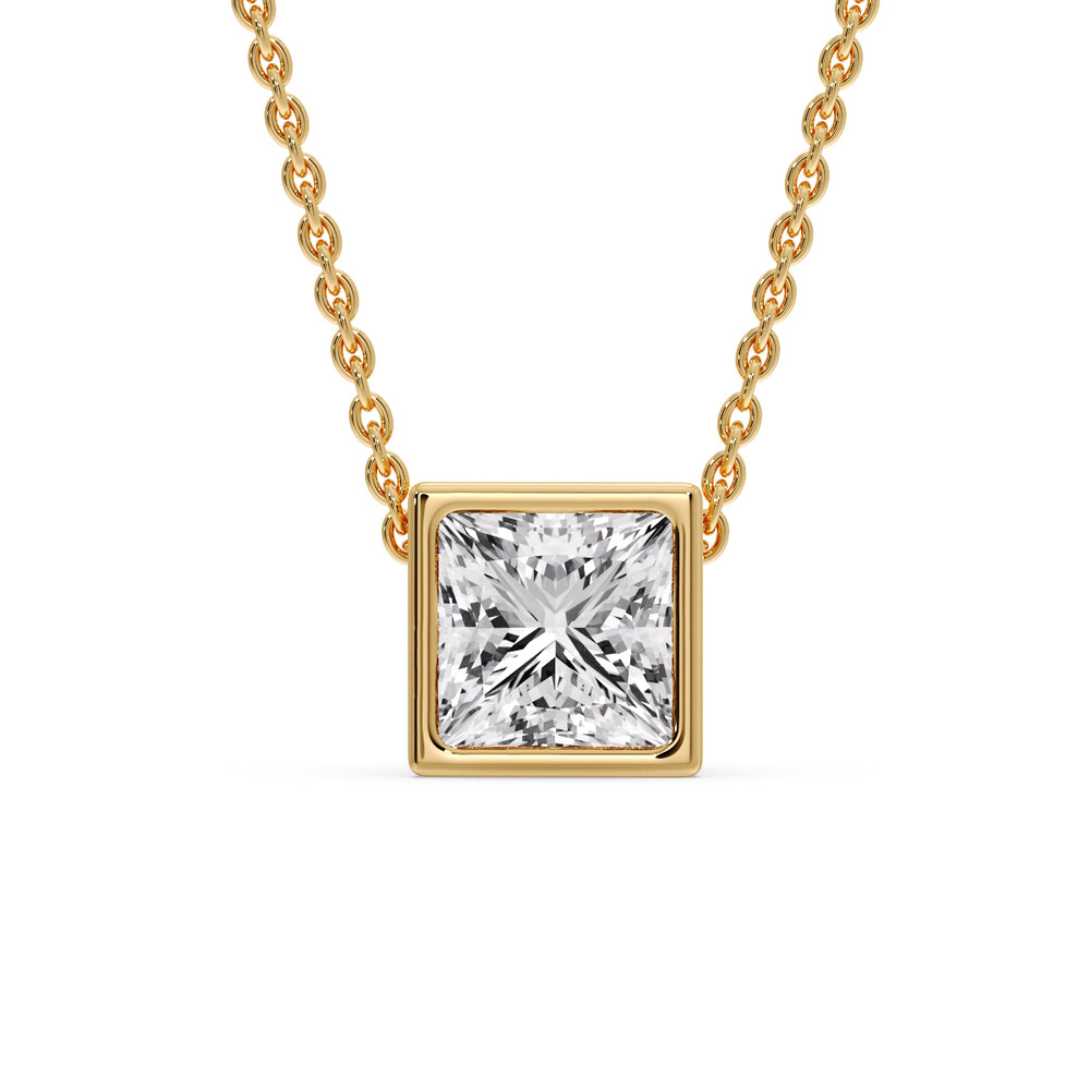 Sparkle Princess Cut Solitaire Diamond Pendant with 14K Yellow Gold White Diamond