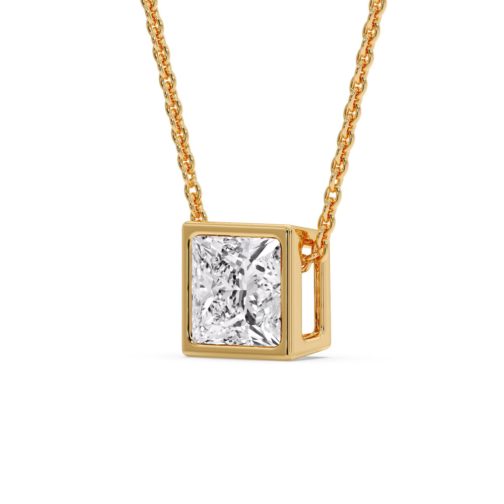 Sparkle Princess Cut Solitaire Diamond Pendant with 14K Yellow Gold White Diamond
