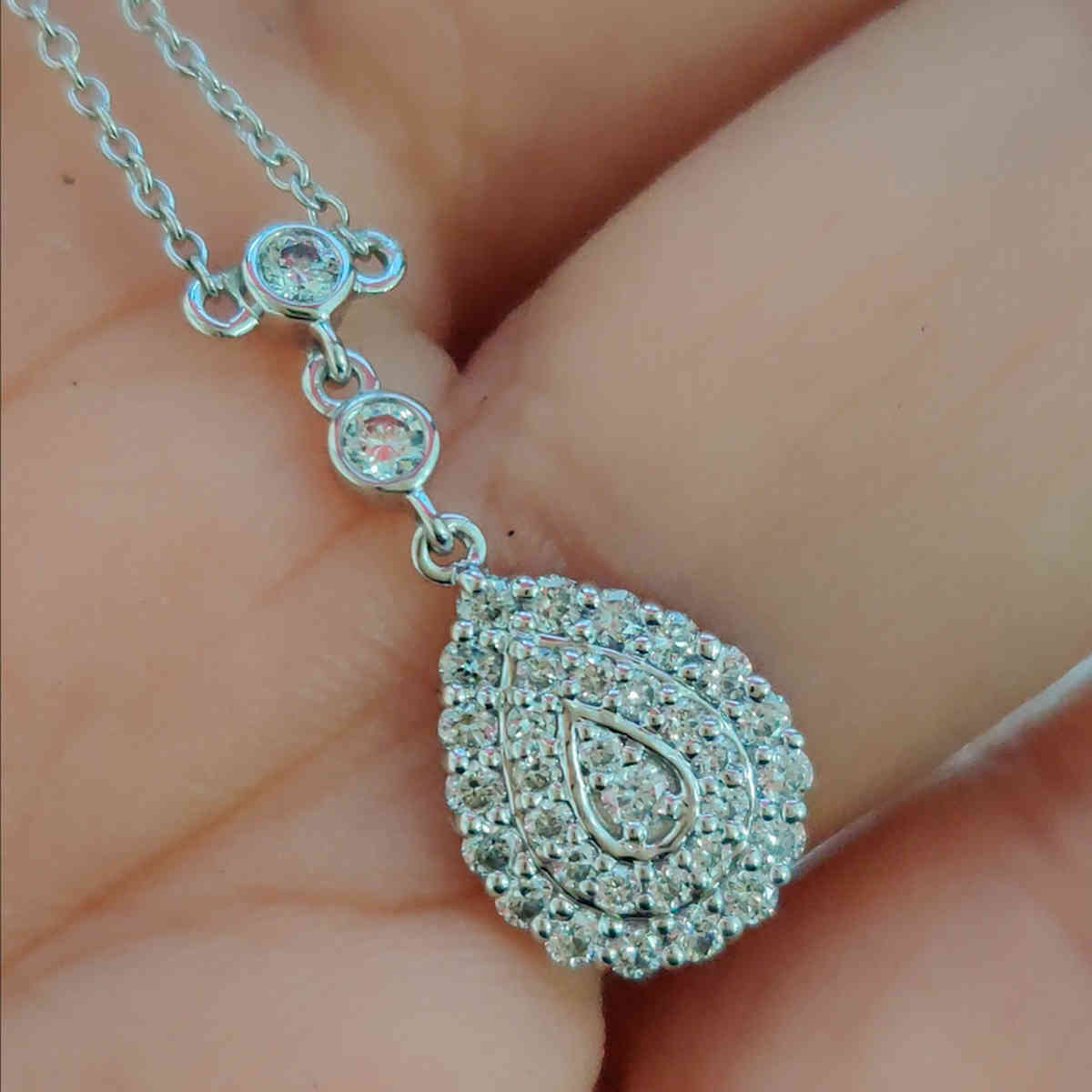 Bezel Teardrop Halo Diamond Pendant with 14K White Gold White Diamond