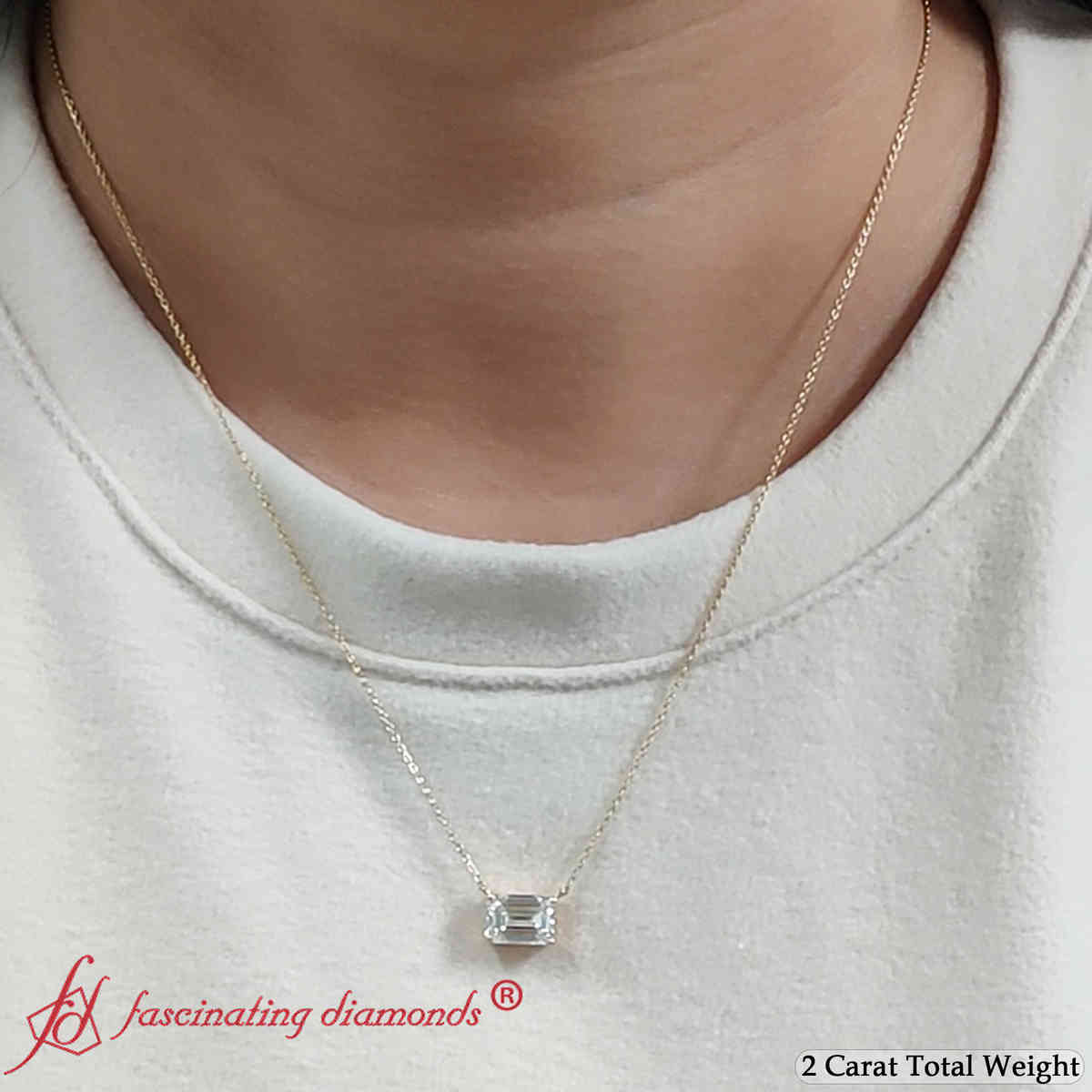 2 Carat East West Pendant Emerald Cut Diamond with 18K Yellow Gold White Diamond