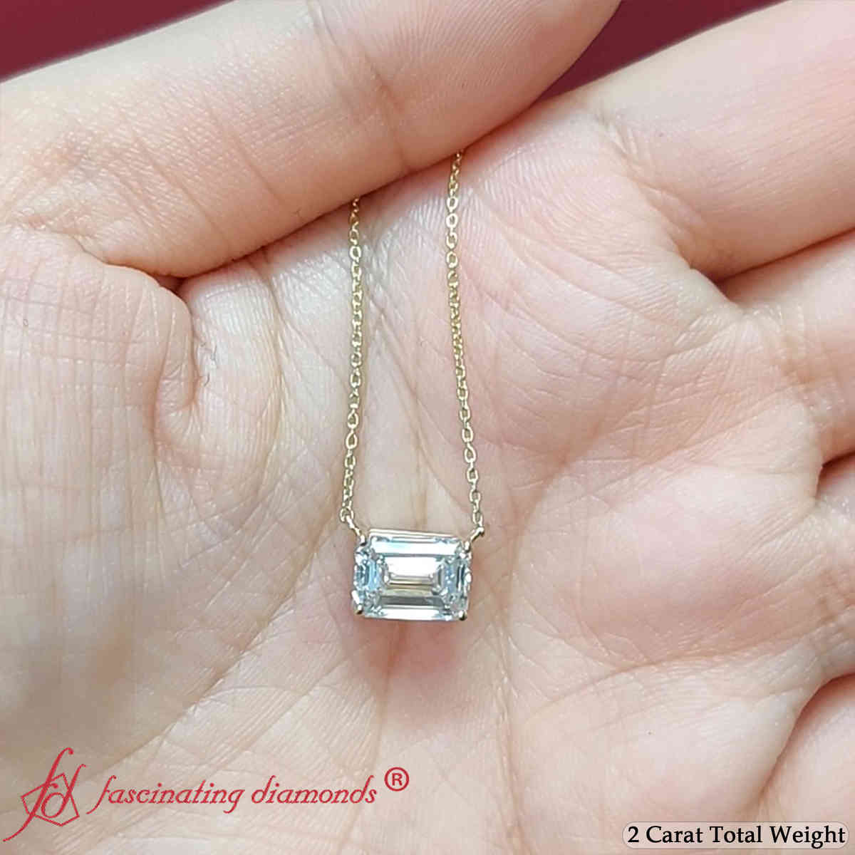 2 Carat East West Pendant Emerald Cut Diamond with 18K Yellow Gold White Diamond