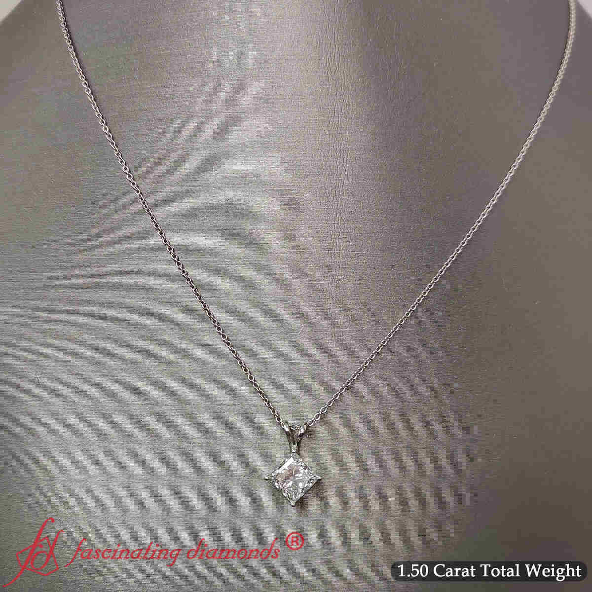 Solitaire Princess Cut Diamond Kite Pendant with 14K White Gold White Diamond