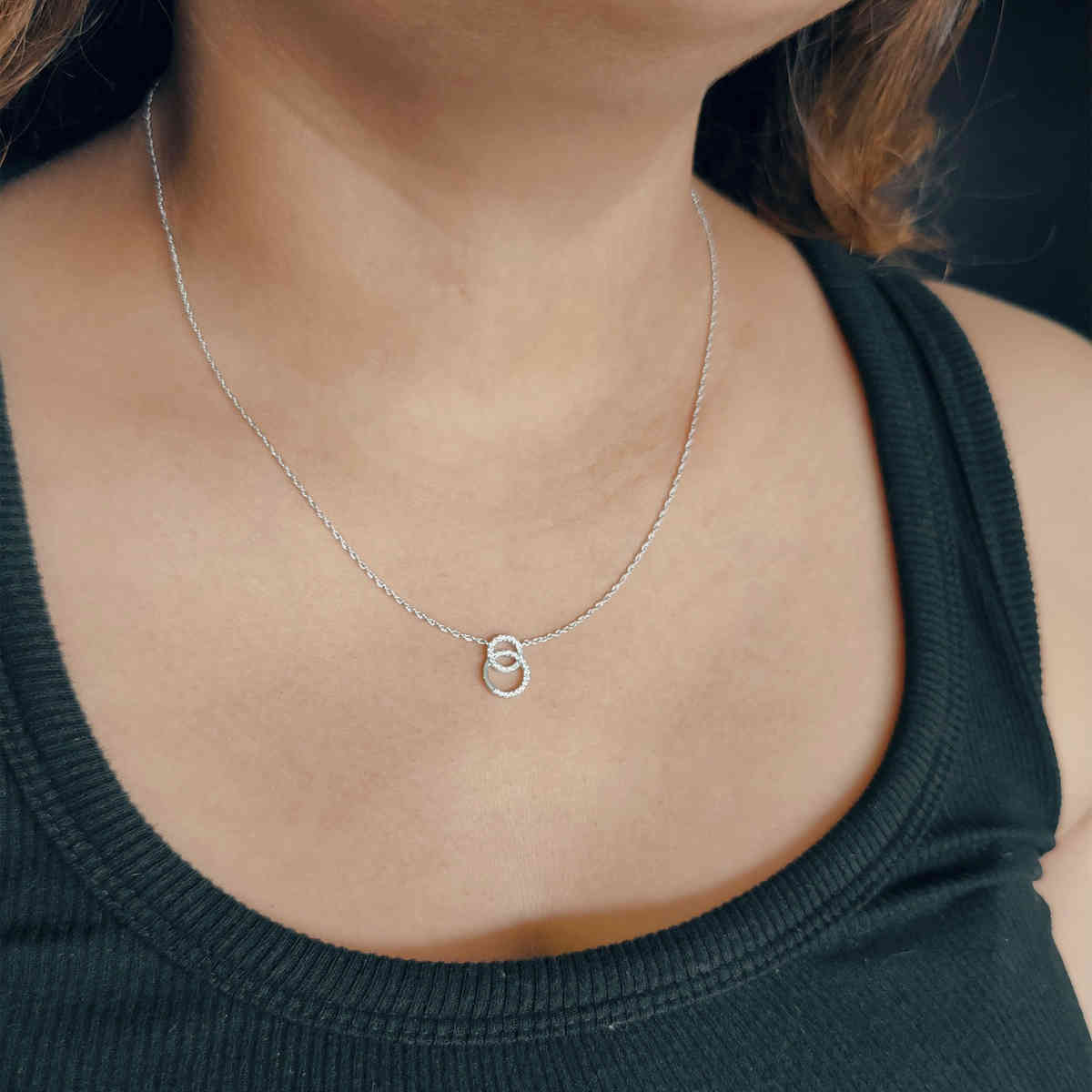 Double Circle Diamond Necklace with 14K White Gold White Diamond