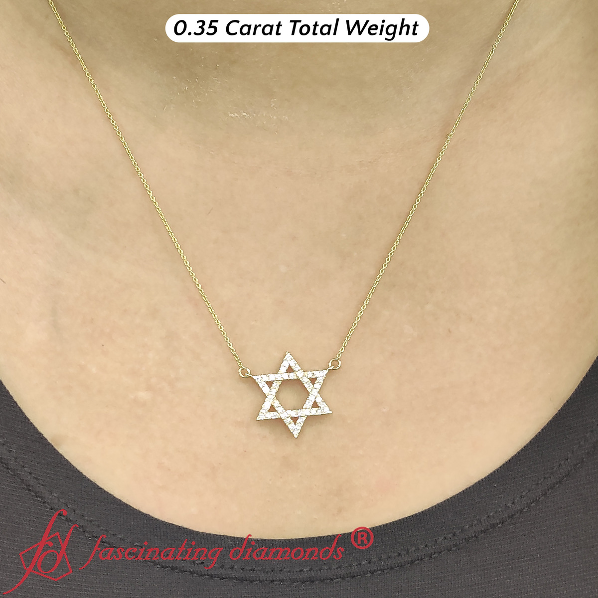 Star Of David Delicate Diamond Pendant with 14K Yellow Gold White Diamond