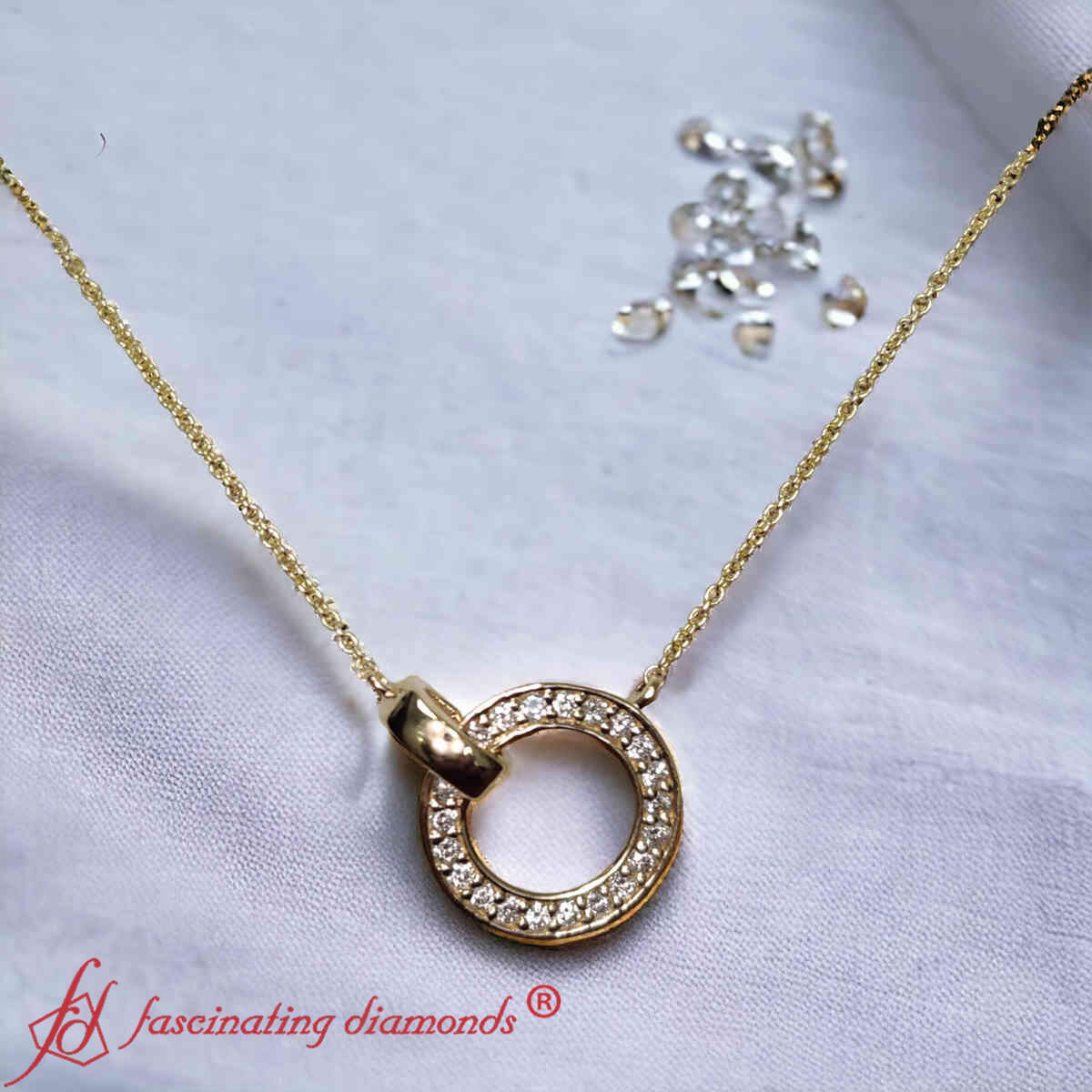 Open Circle Loop Necklace with 14K Yellow Gold White Diamond