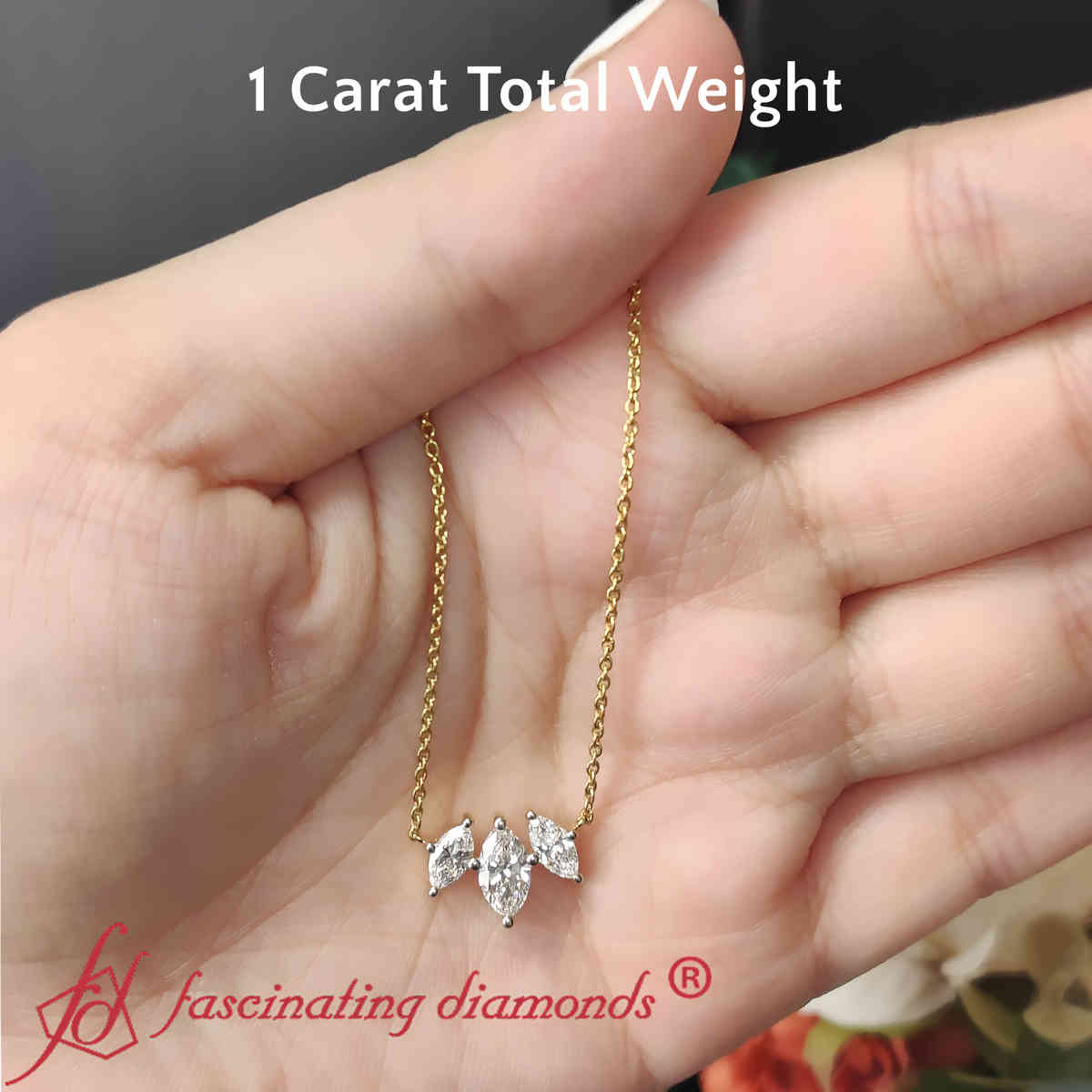 3 Stone Marquise Necklace Chain with 14K Yellow Gold White Diamond