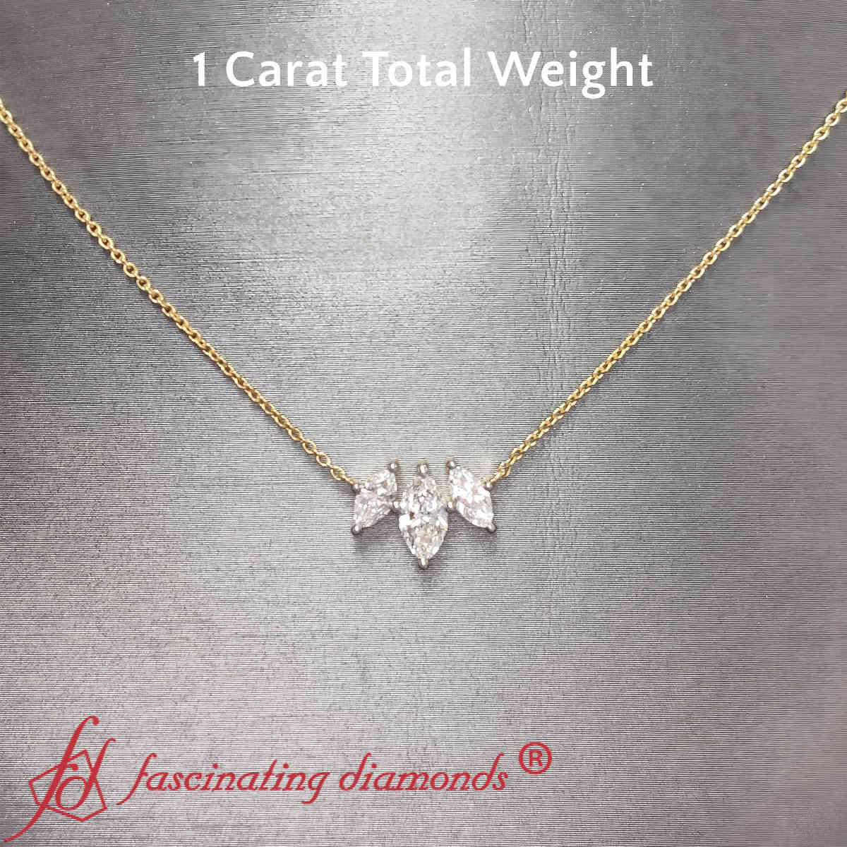 3 Stone Marquise Necklace Chain with 14K Yellow Gold White Diamond