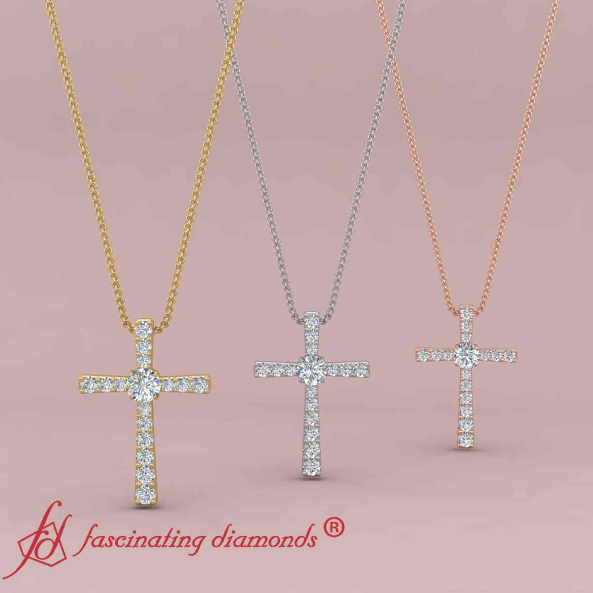 Graduated Cross Women Pendant with 14K Rose Gold White Diamond