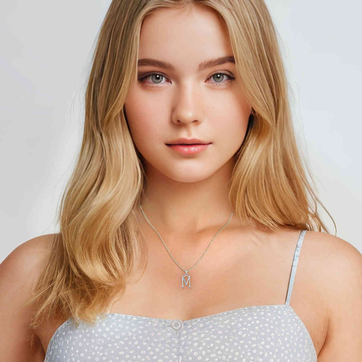 Initial Alphabet M Diamond Pendant Necklace with 14K White Gold White Diamond