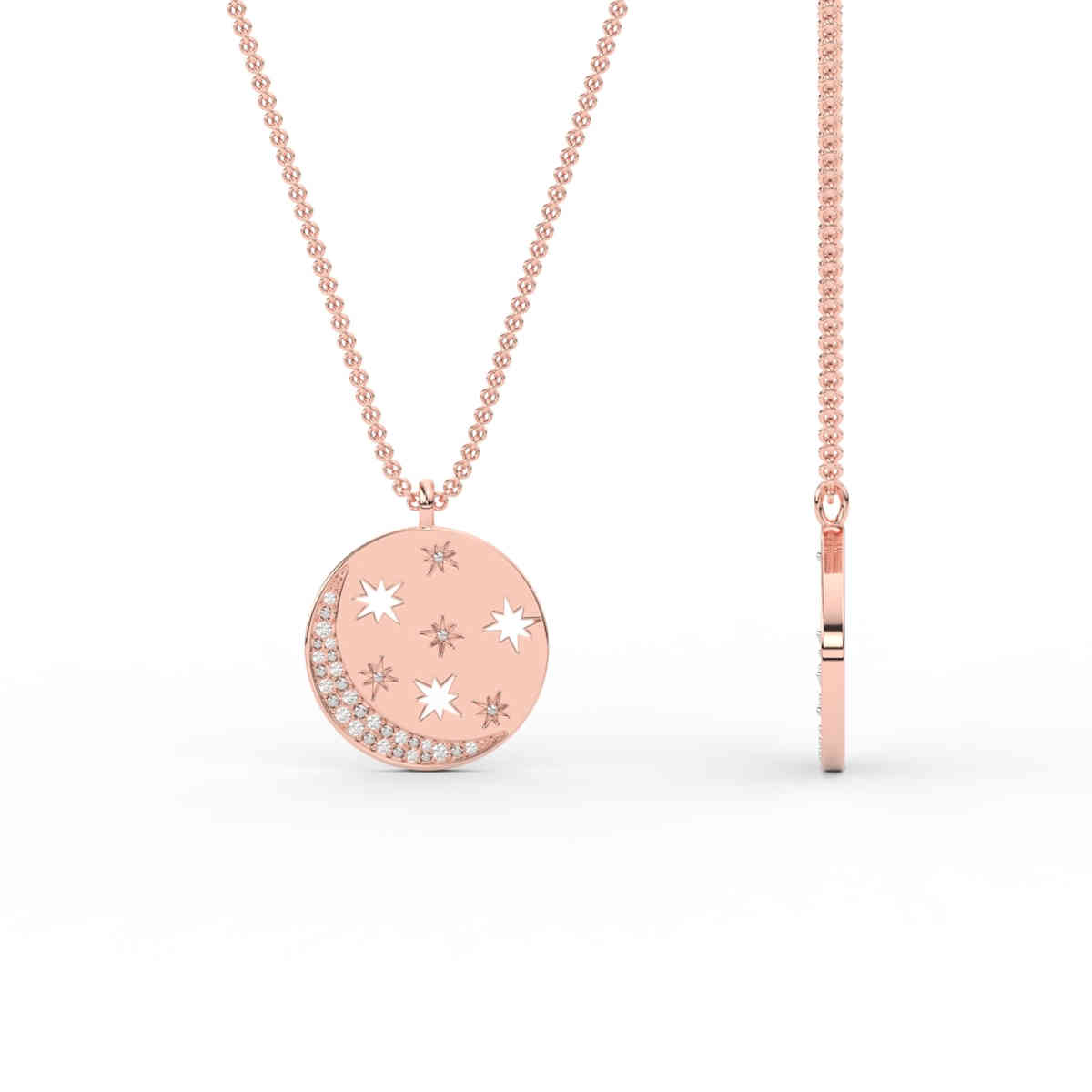 Disc Moon And Stars Diamond Pendant with 14K Rose Gold White Diamond