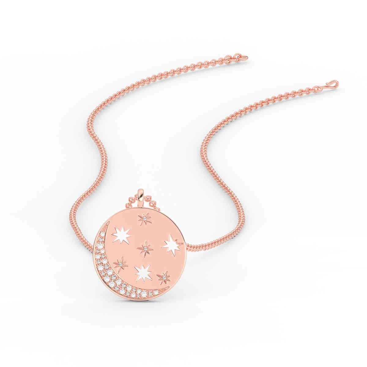 Disc Moon And Stars Diamond Pendant with 14K Rose Gold White Diamond