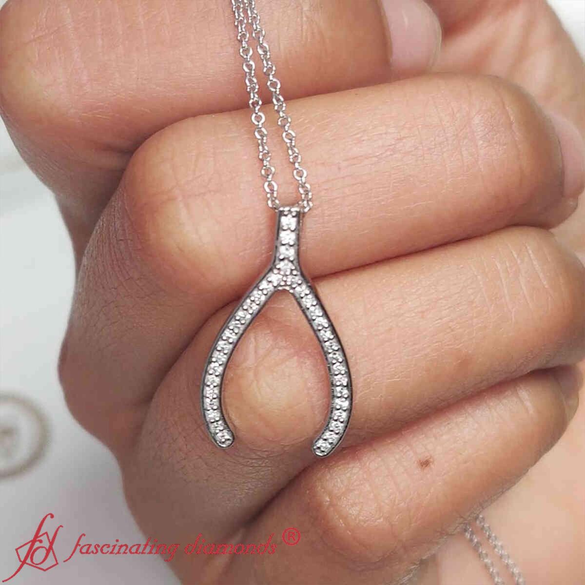 Pave Wish Bone Necklace with 18K White Gold White Diamond