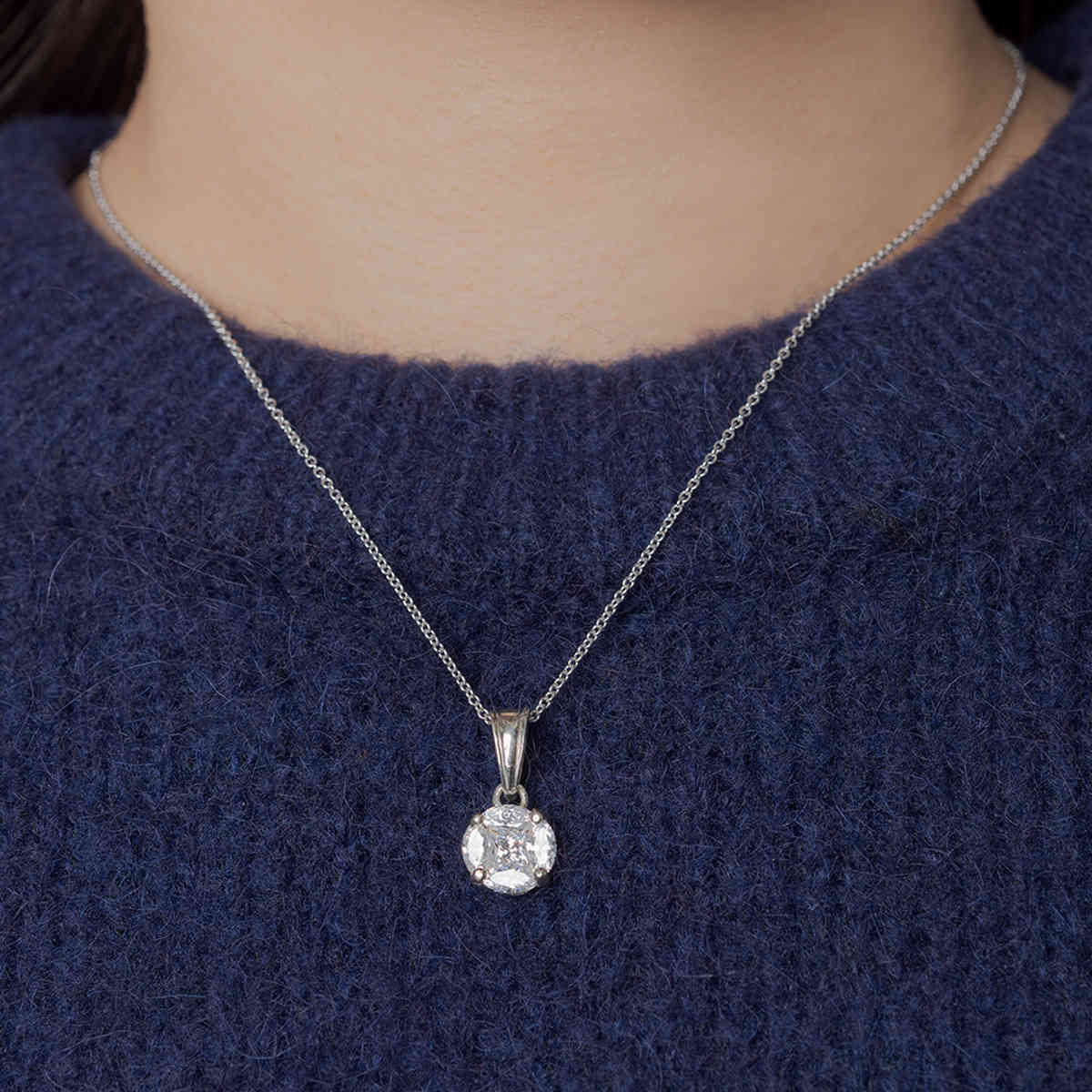 Pressure Set Solitaire Diamond Pendant with 14K White Gold White Diamond