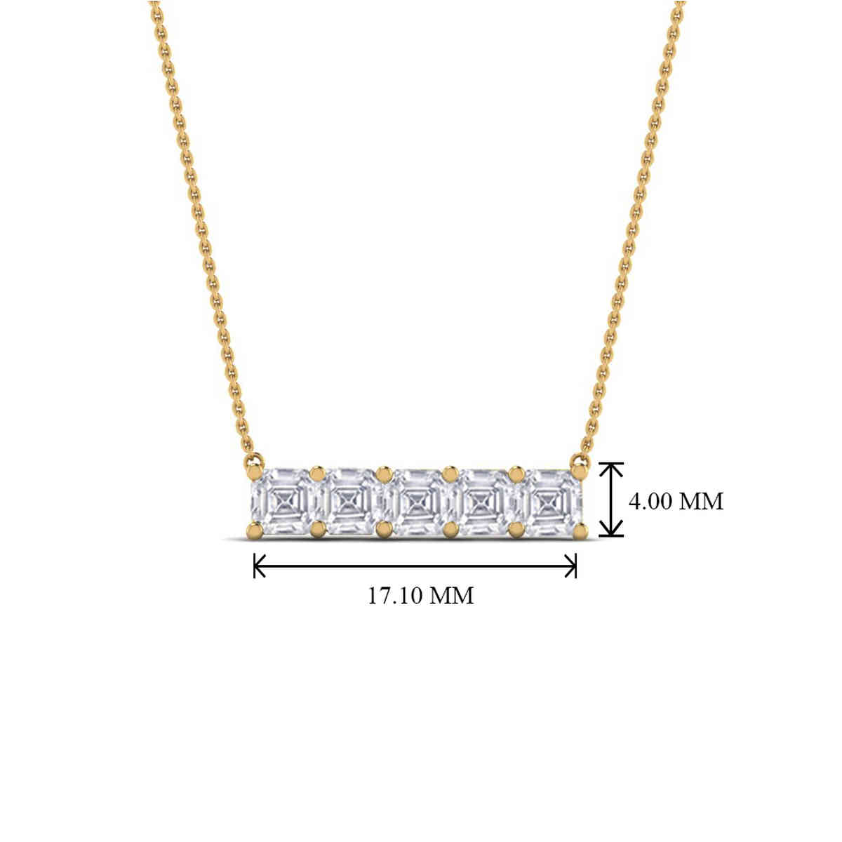 Horizontal Asscher Bar Diamond Necklace with 14K Yellow Gold White Diamond