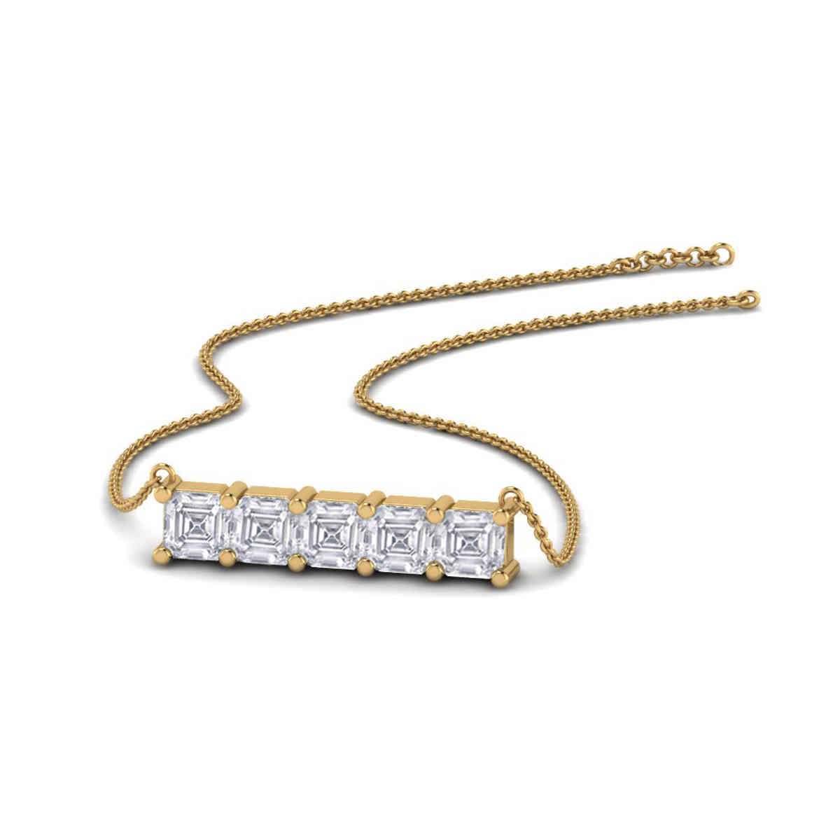 Horizontal Asscher Bar Diamond Necklace with 14K Yellow Gold White Diamond