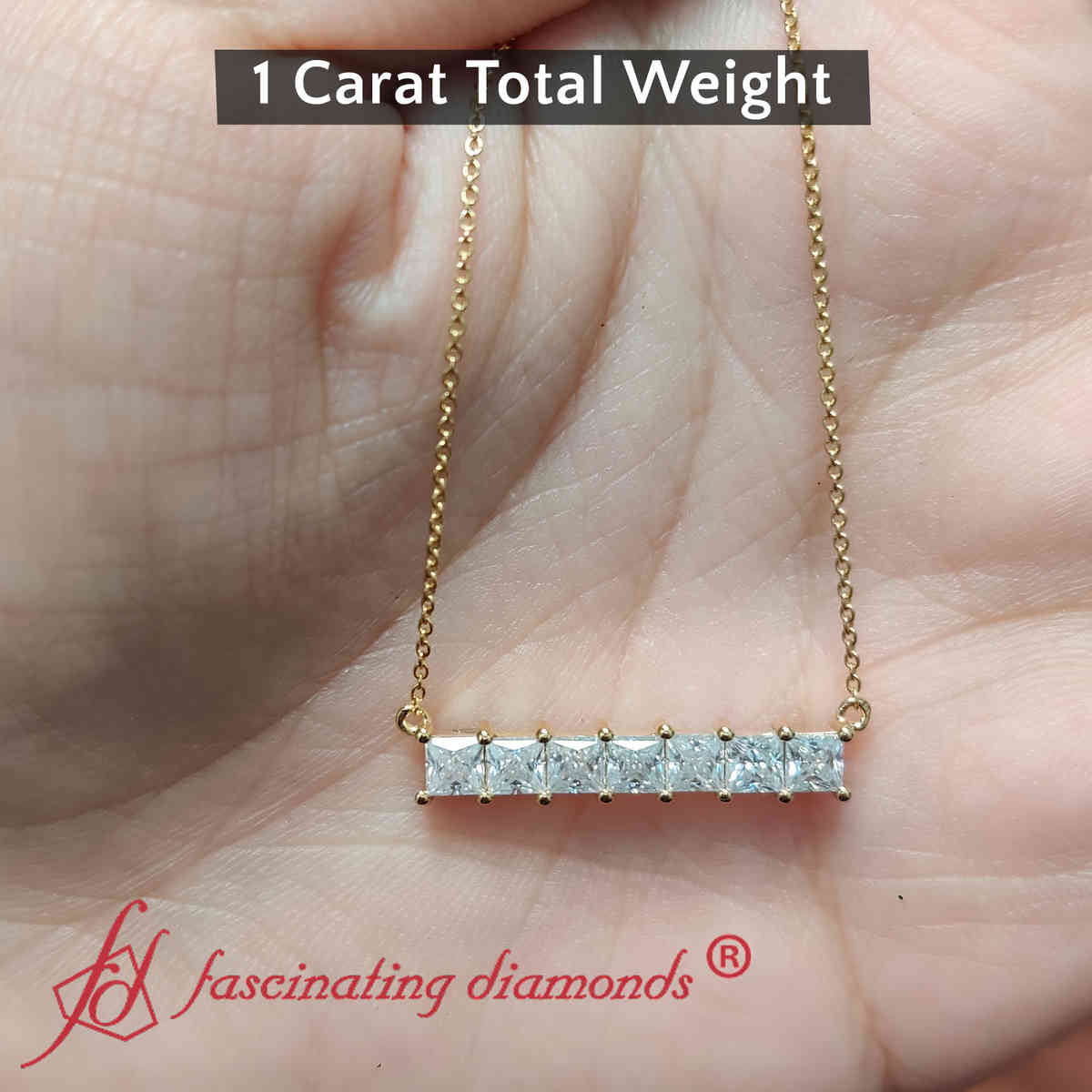 Princess Cut Horizontal Bar Pendant with 14K Yellow Gold White Diamond