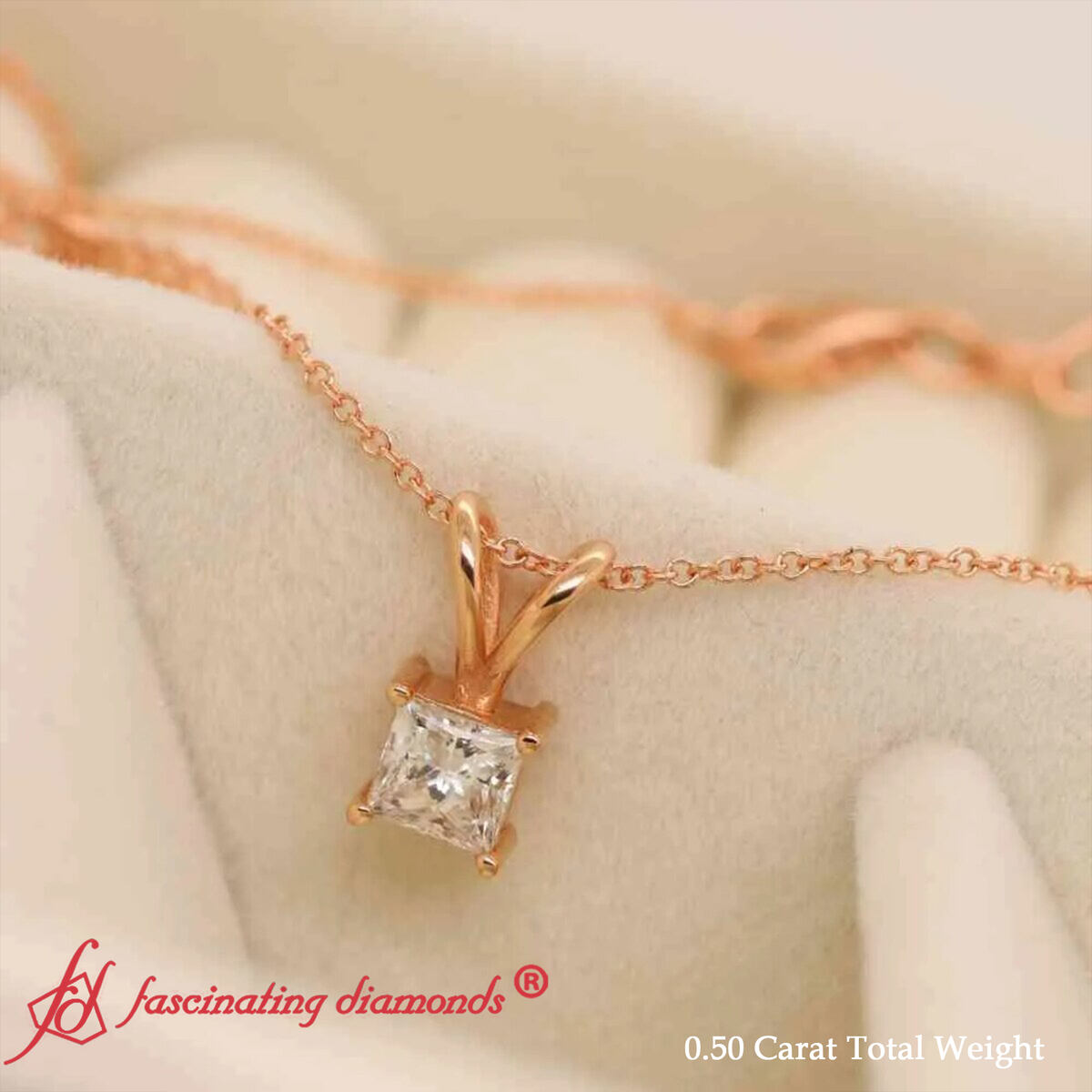 0.5 Ct. Diamond Princess Cut Solitaire Necklace with 18K Rose Gold White Diamond