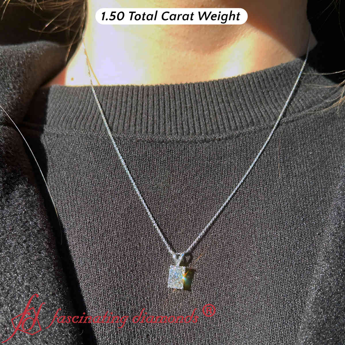 Single Stone Radiant Diamond Necklace with 14K White Gold White Diamond