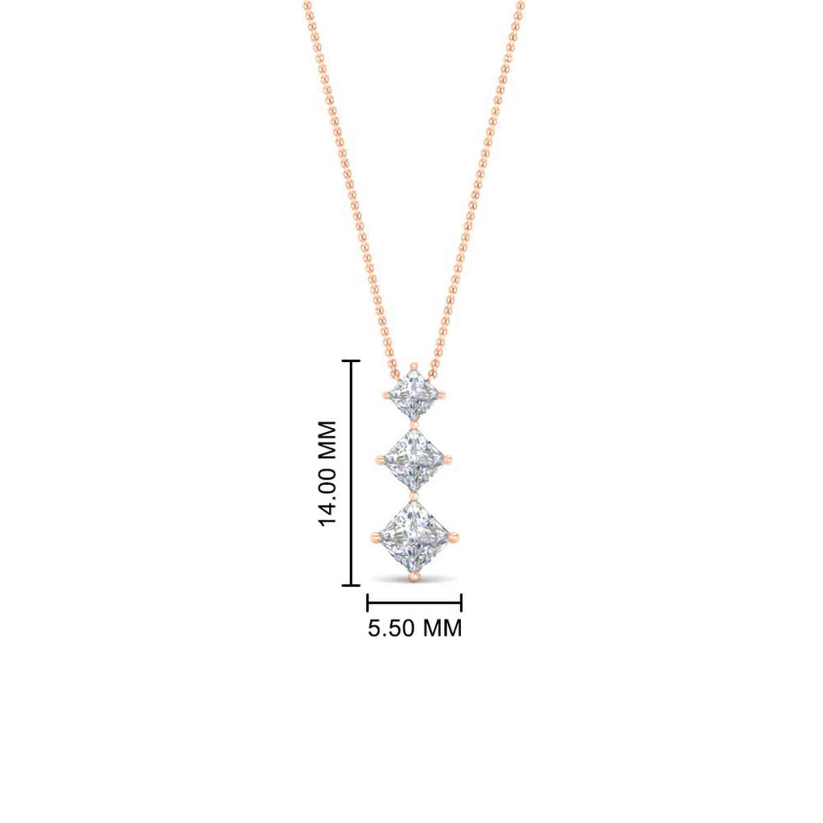 Graduated Princess Cut 3 Stone Pendant with 14K Rose Gold White Diamond