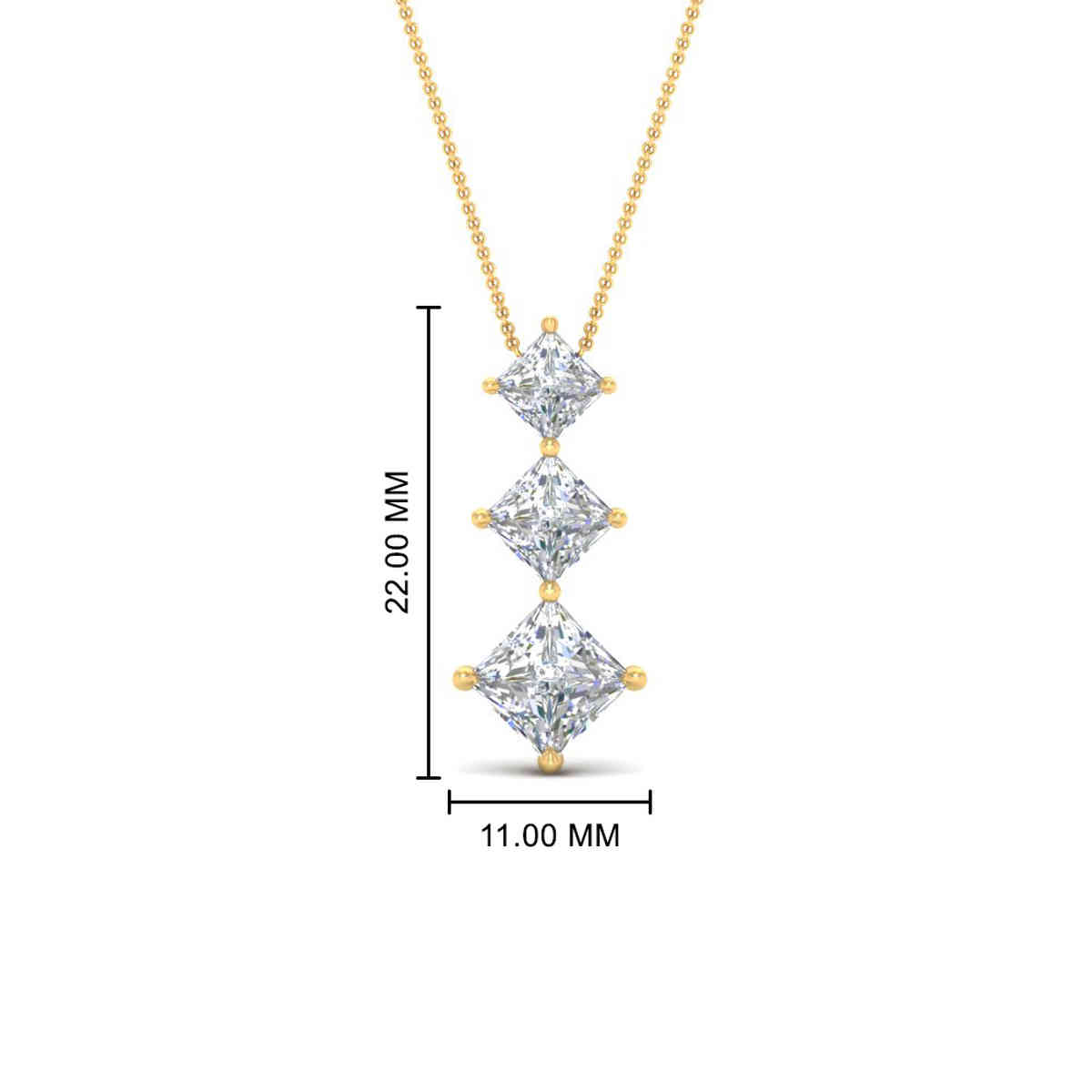 Square 3 Stone Necklace For Her with 14K Yellow Gold White Diamond