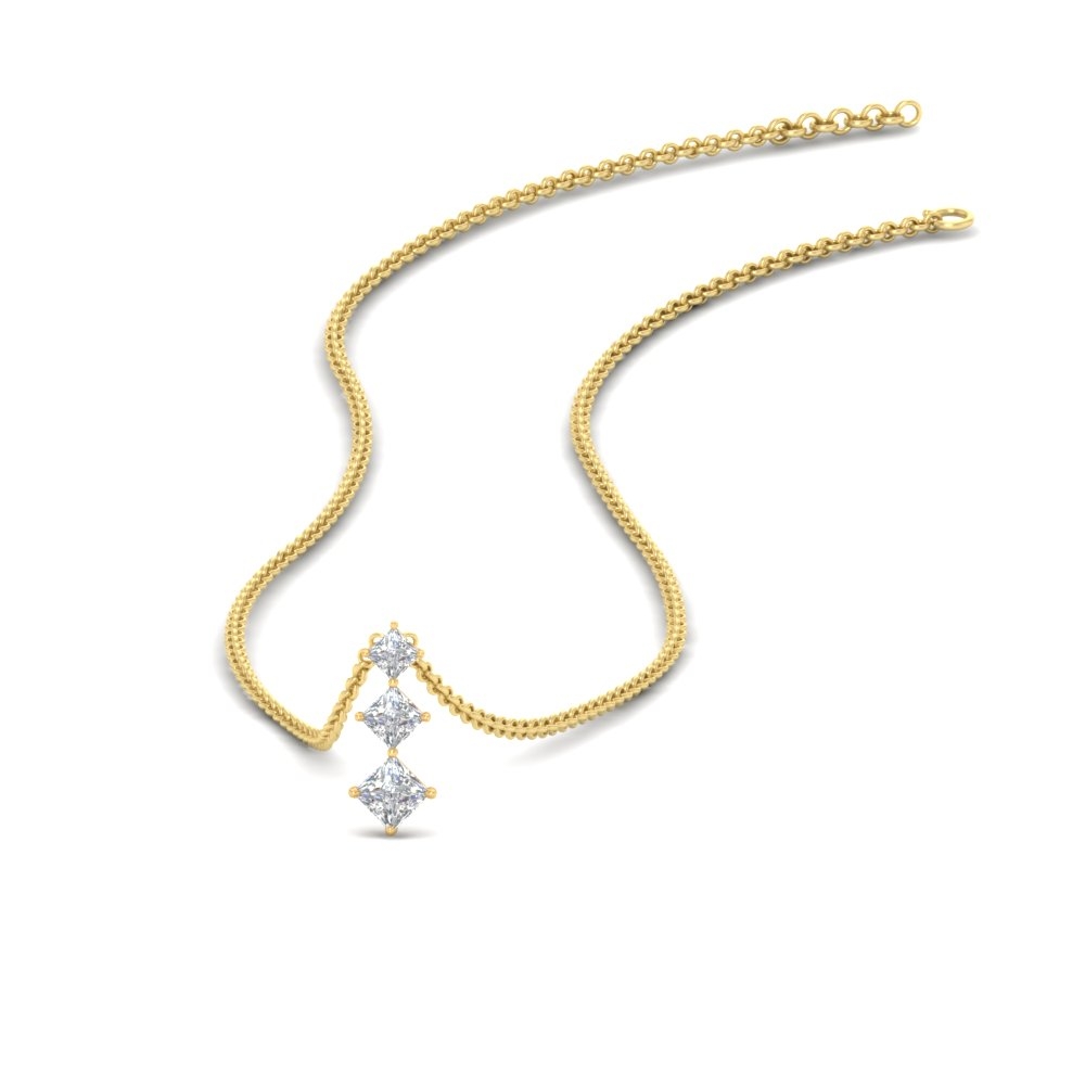 Tri Princess Diamond Pendant with 14K Yellow Gold White Diamond