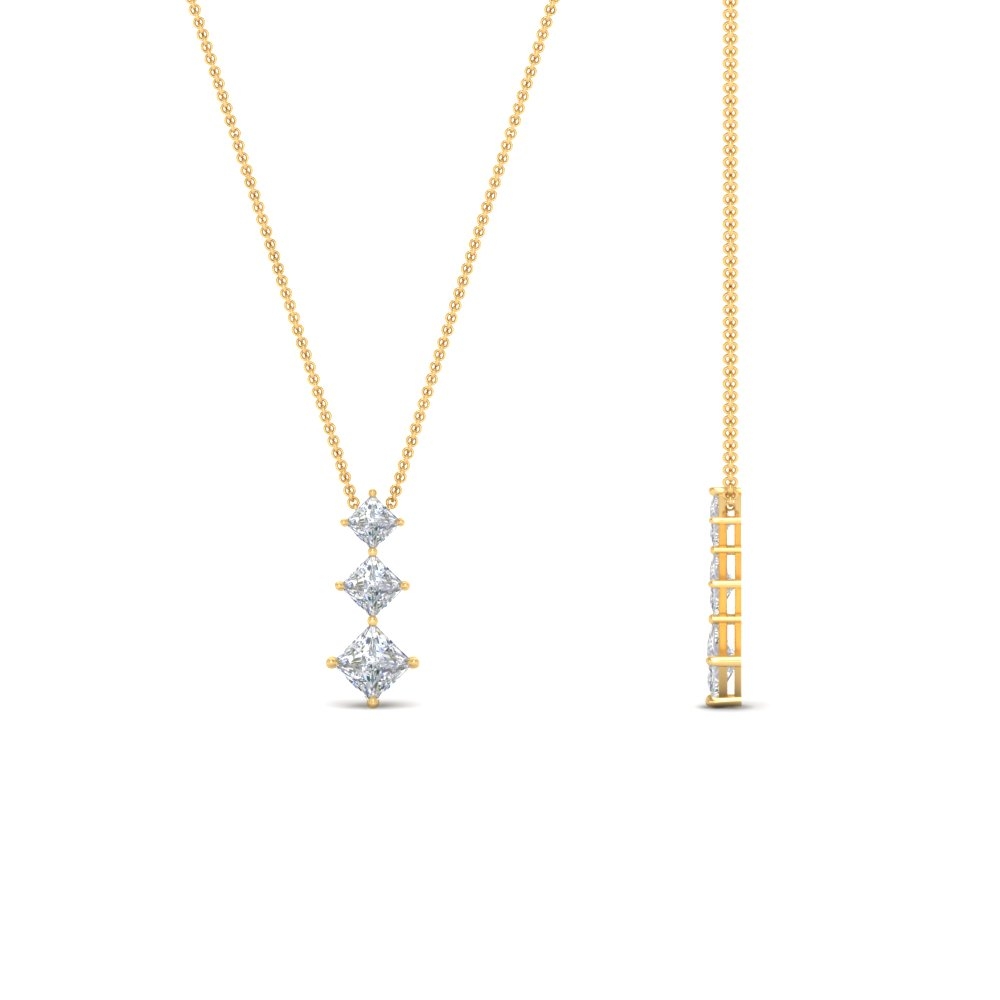 Tri Princess Diamond Pendant with 14K Yellow Gold White Diamond