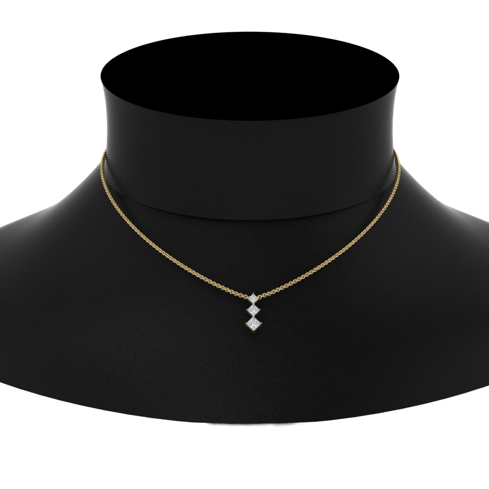 Tri Princess Diamond Pendant with 14K Yellow Gold White Diamond