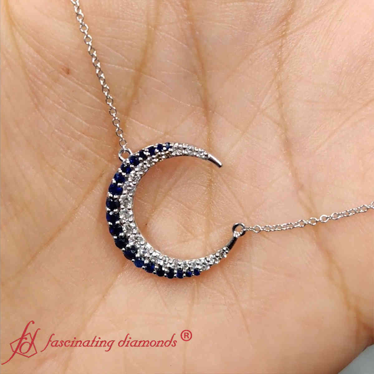 Moon Pendant Necklace with 18K White Gold Blue Sapphire