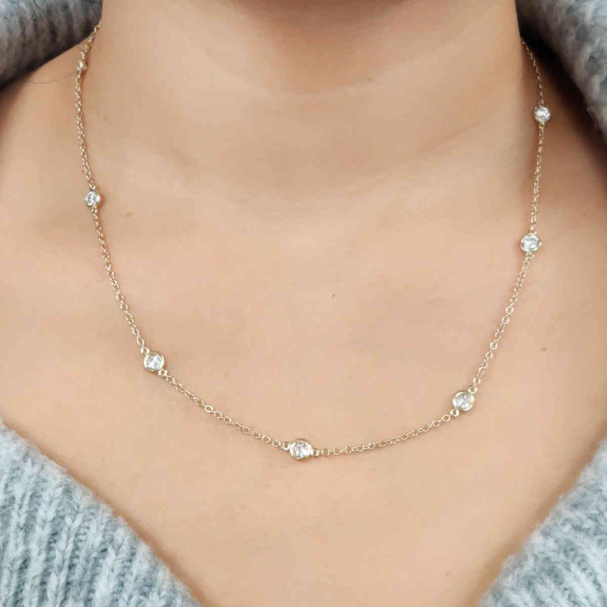 Bezel Station Lab Diamond Necklace with 14K Yellow Gold White Diamond