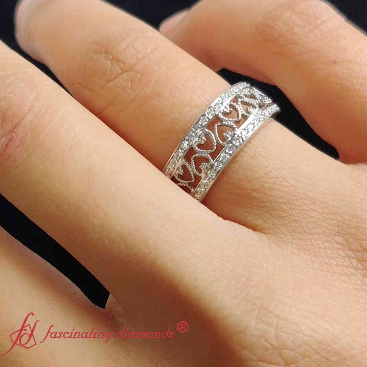 Heart Pave Diamond Wide Wedding Band with 14K White Gold White Diamond