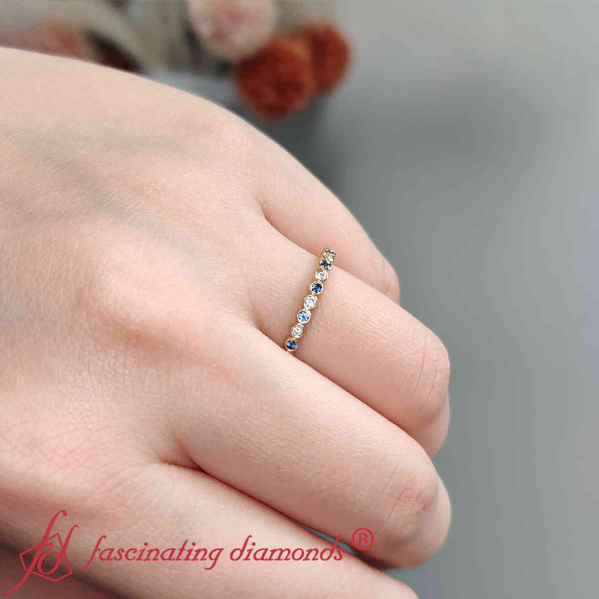 Thin Bezel Set Stack Ring with 14K Yellow Gold Blue Sapphire