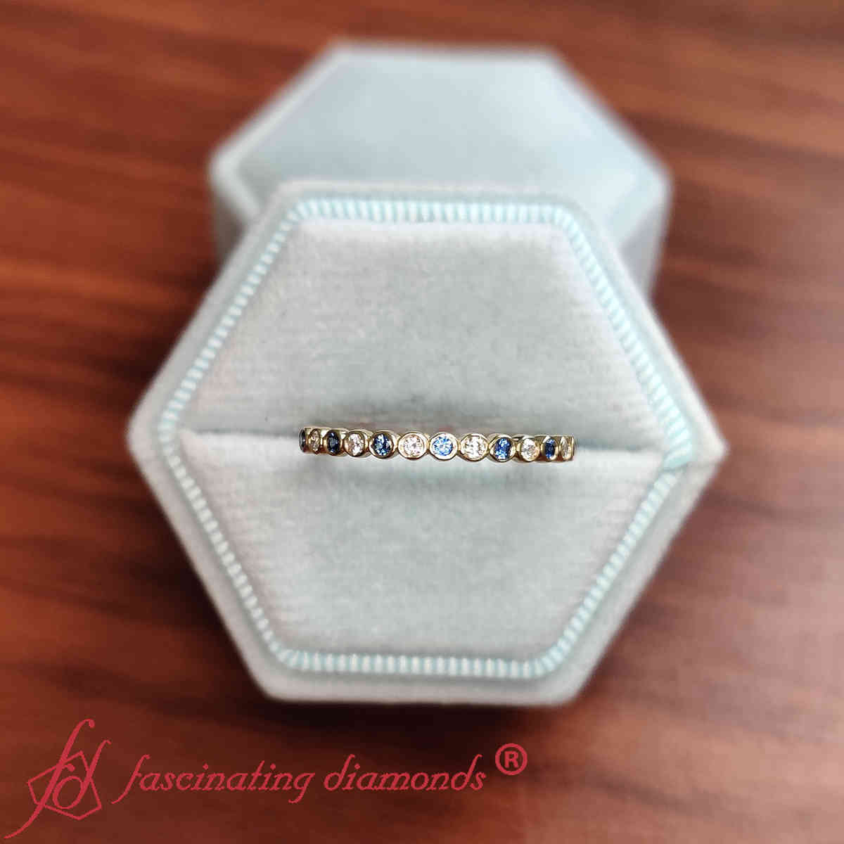 Thin Bezel Set Stack Ring with 14K Yellow Gold Blue Sapphire