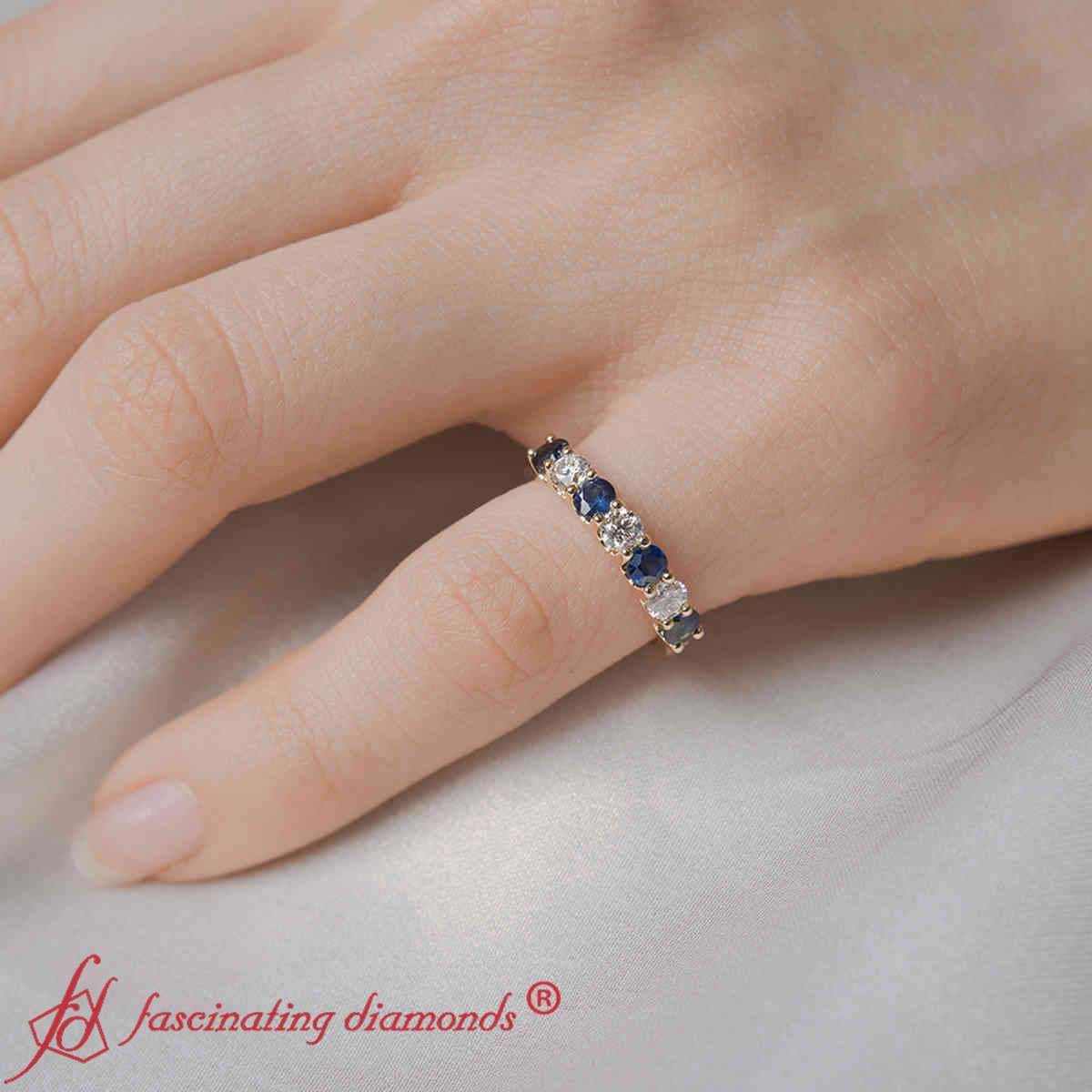 7 Stone Diamond Anniversary Band with 18K Yellow Gold Blue Sapphire