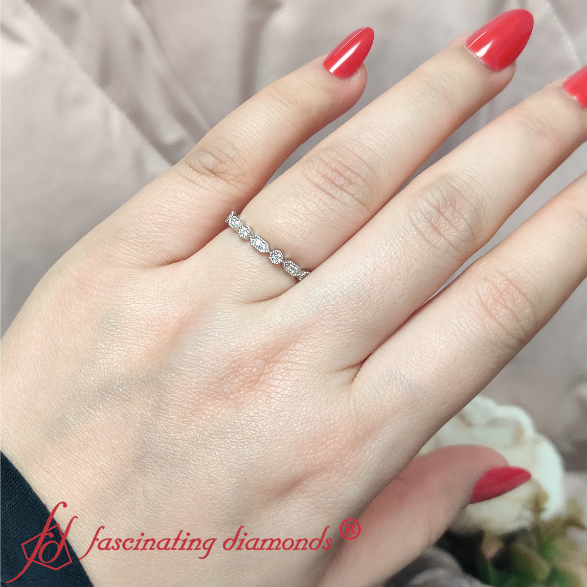 Art Deco Thin Stacking Ring with 950 Platinum White Diamond