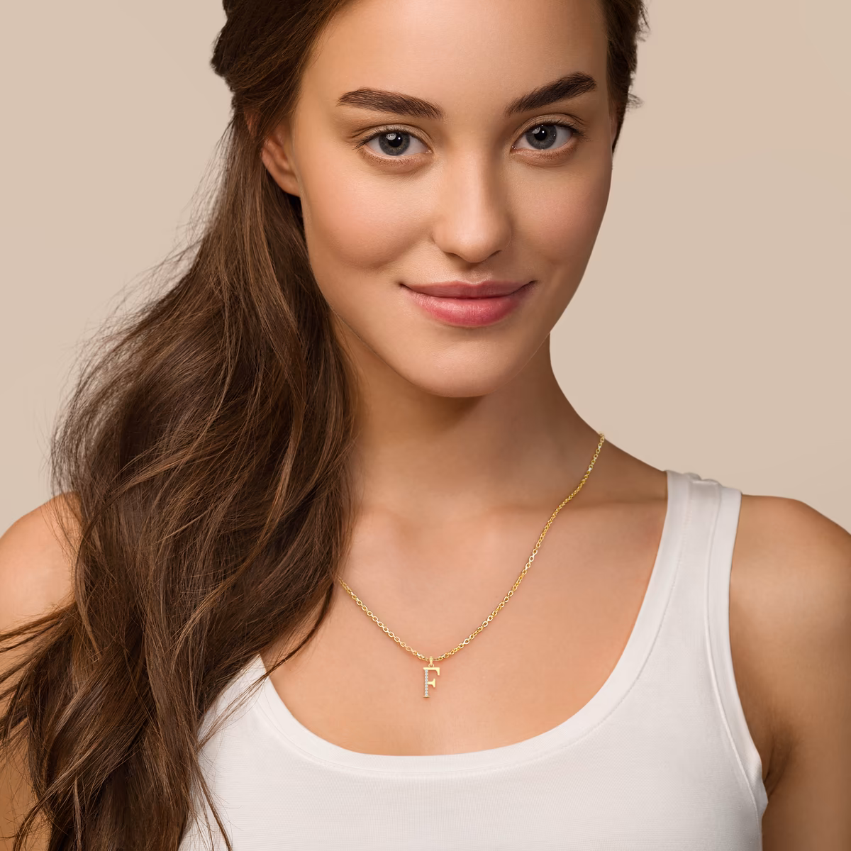 Initial F Diamond Pendant Necklace with 14K Yellow Gold White Diamond