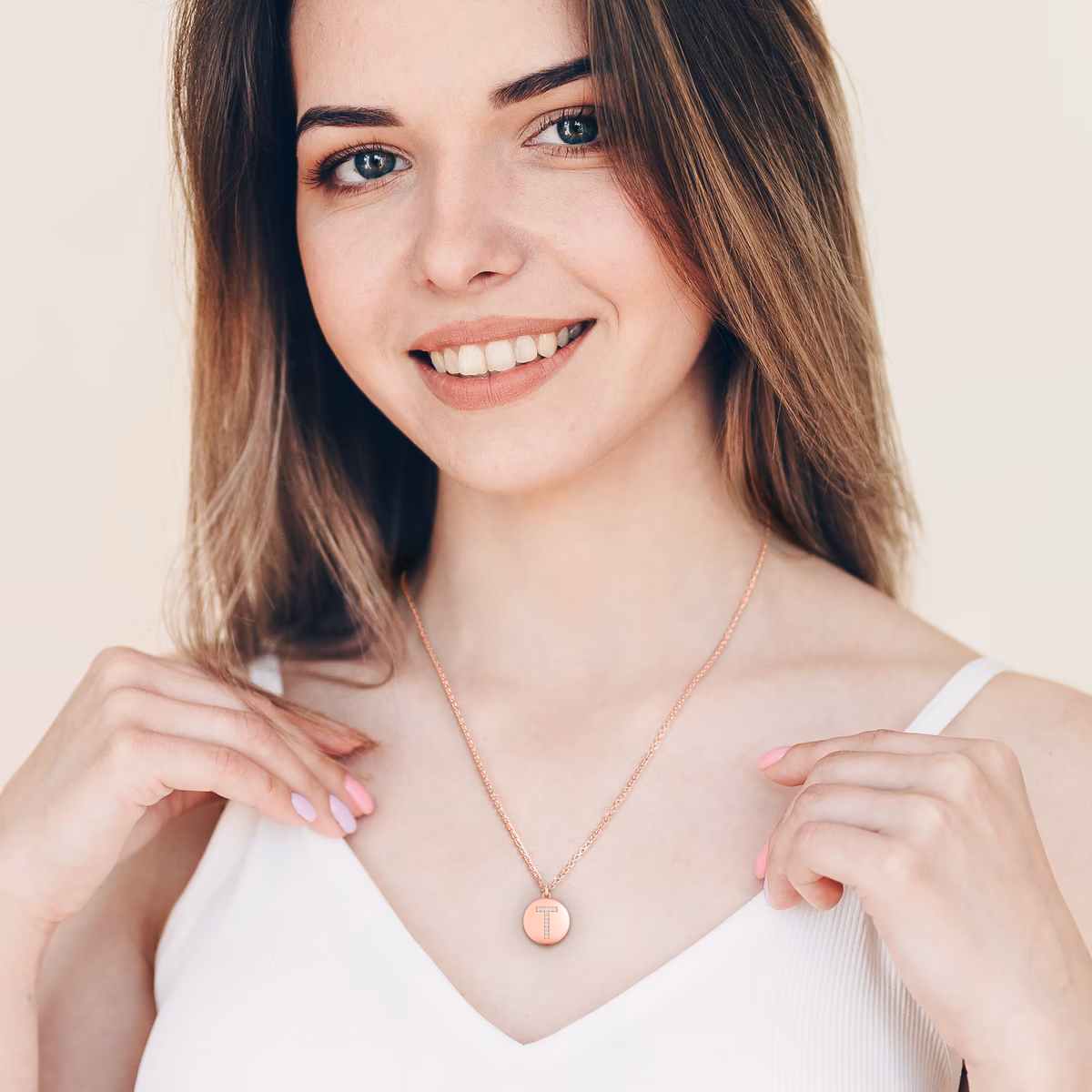 Initial T On Disc Pendant with 14K Rose Gold White Diamond