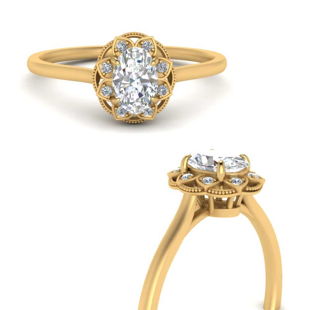 Art Deco Halo Oval Diamond Engagement Ring in 18K Gold – GEMNOMADS